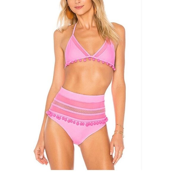 Revolve Tularosa Women's Hot Pink High Waist Pom Pom Mesh Nina Bikini Size L - Picture 1 of 11